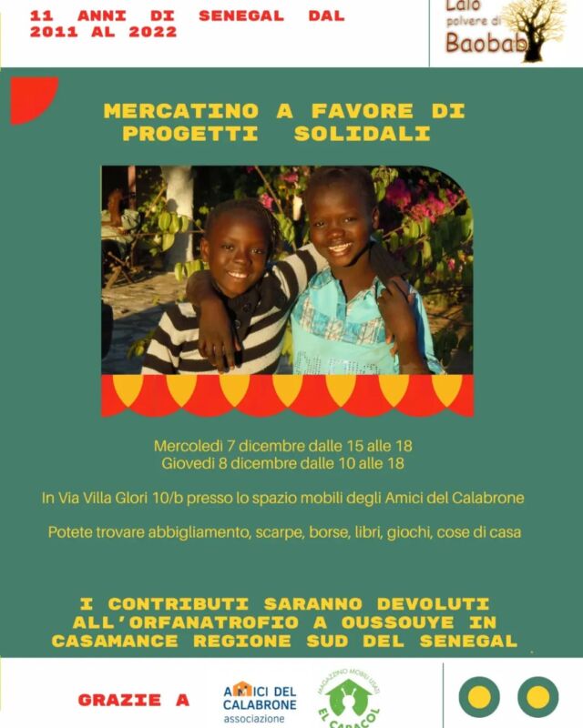 📍Mercoledì 7, dalle 15 alle 18
📍Giovedì 8 dicembre, dalle 10 alle 18
ospiteremo a El Caracol i mercatini solidali dell'associazione Lalo polvere di Baobab. 

Troverete abbigliamento, scarpe, borse, giochi, libri, oggetti per la casa e tante altre cose!

Il ricavato sarà devoluto a favore dell'orfanotrofio di Oussouye di Casamance, in #Senegal.

#mercatinodellusato #brescia #bresciacentro #bresciasocial #bresciatoday #bresciaeventi #eventibrescia #bresciaeventi
