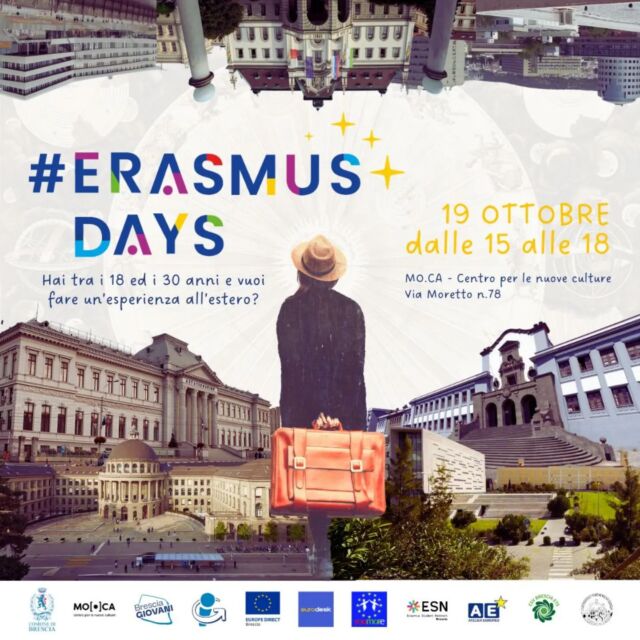 #ErasmusDays 🇪🇺🧳

Incontra le realtà che progettano e organizzano progetti del programma Erasmus+. Informati sulle esperienze all'estero aperte e parti per la tua avventura! 🚂

📅 Sabato 19 ottobre
🕘 Dalle 15 alle 18
📍 @mo.ca_brescia, via Moretto n.78
🤝 In collaborazione con @europedirectbs, @unibs.official, @eurodesk_italy, @youmore_it, @ateliereuropeo, @esnbrescia, @csv_brescia

➡️ Ingresso libero e gratuito
Info e iscrizioni al link in bio