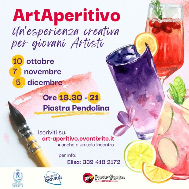 🎨👩🏼‍🎨🖌️ Sei un artista o semplicemente ti piace disegnare, dipingere e provare nuove tecniche espressive?

🖼️🍕🍹 Gli ArtAperitivi sono un'esperienza che unisce l'arte e il gusto in un ambiente informale e creativo, tra tele, pennelli, pitture, una varietà di strumenti creativi, finger food e bevande.

Scegli uno o più appuntamenti e vieni a provarli!
📅 Giovedì 10 ottobre, 7 novembre e 5 dicembre
🕒 Dalle 18.300 alle 21.00
📍 Piastra Pendolina, via ragazzi del '99 n.5
👩🏼‍🎨 Con Irene Mangano

🖌️ Alcuni materiali li troverai sul posto forniti da noi, ma puoi anche portare quel che ti piace di più.

Gli eventi sono gratuiti e dedicati a giovani dai 13 ai 30 anni.
I posti sono limitati, è necessario iscriversi al link in bio