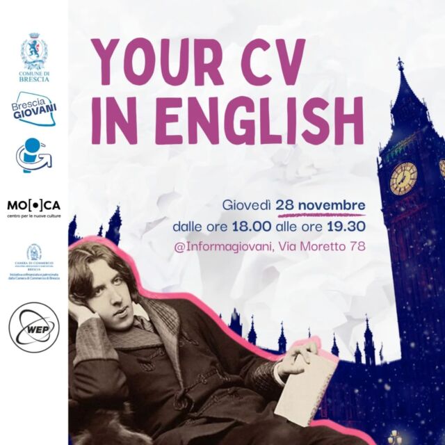 Vorresti provare un'esperienza di tirocinio o di lavoro all'estero ma la sola idea di presentarti ti blocca? 😱

Scrivi il tuo CV in inglese con un madrelingua e preparati per il colloquio con una job interview in lingua con @wepitaly! 🇬🇧😎

📅 Giovedì 28 novembre
🕘 Dalle 18 alle 19.30
📍 Informagiovani Brescia, via Moretto n.78 - @mo.ca_brescia
In collaborazione con WEP Italy 

➡️ Prenota la tua consulenza gratuita al link in bio